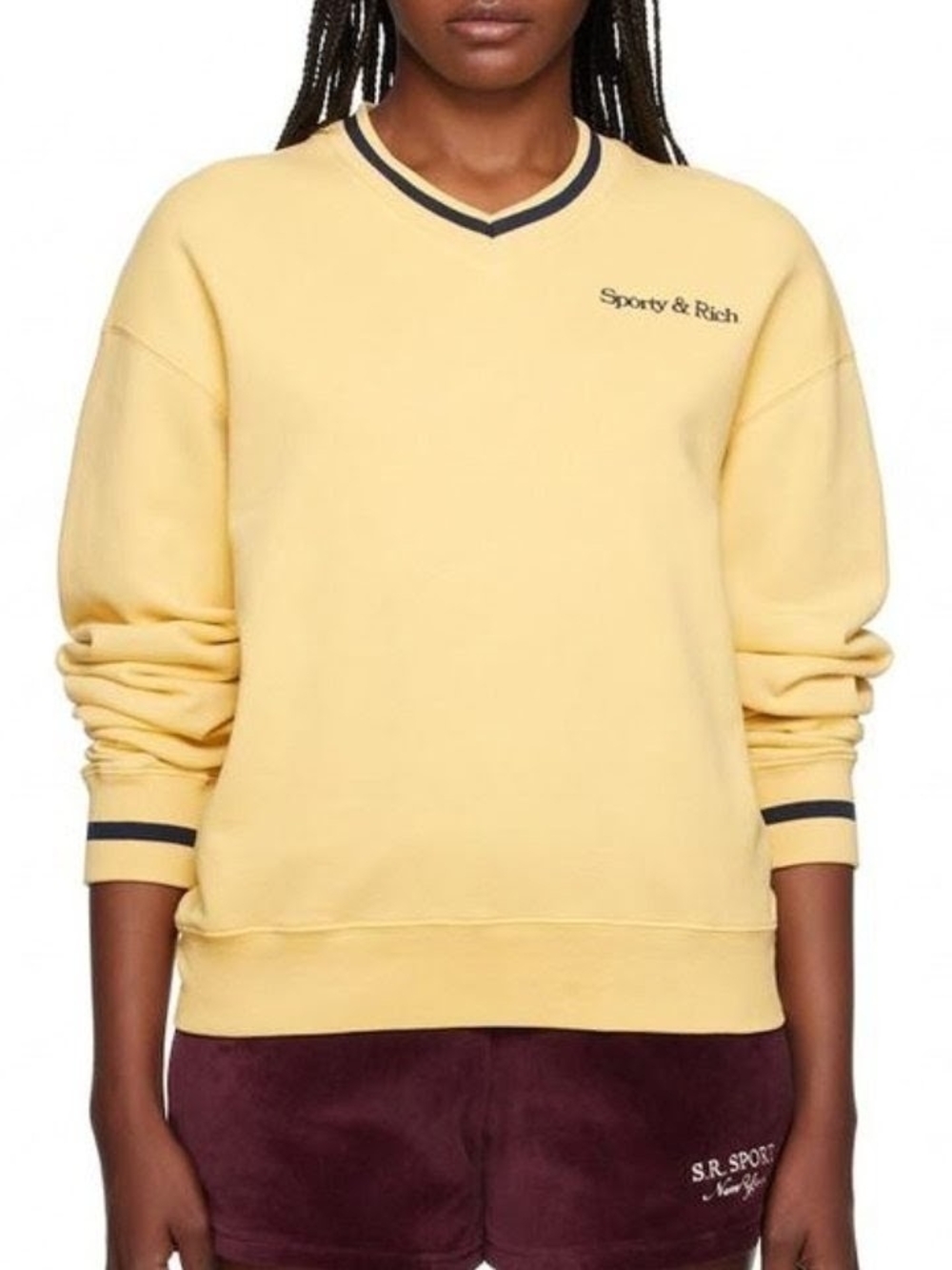 Sporty & Rich Varsity Striped V‑Neck Sweatshirt In Pale Yellow - M